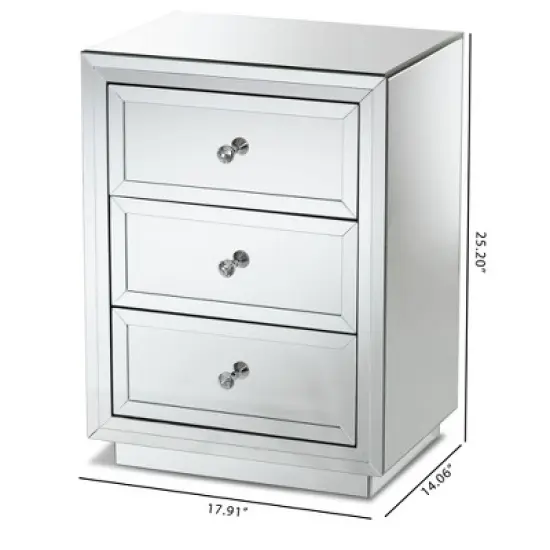 Lina Mirrored 3 Drawer Nightstand Bedside Table Silver - BaxtonStudio image {1}