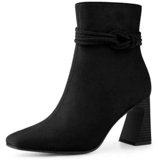 Allegra K Women's Knot Decor Square Toe Side Zip Chunky Heels Ankle Boots image {6}