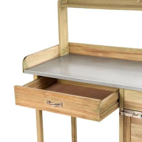 Costway Outdoor Potting Bench Garden Wooden Work Station Metal Tabletop Cabinet Drawer image {7}