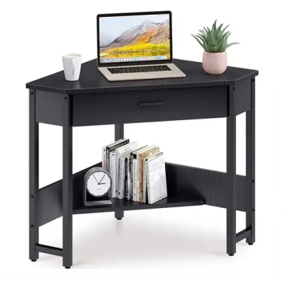 ODK Modern Triangle Corner Fit Computer Workstation with Large Drawer and Bottom Display Shelf for Apartments, Studios, and Office image {6}