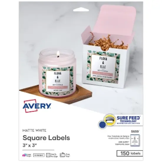 Avery Printable Square Labels with Sure Feed, 3" x 3", Matte White, Permanent Adhesive, Laser & Inkjet Printers, 150 Blank Labels (5659) image {9}