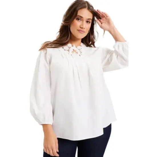 June + Vie by Roaman's Women&rsquo;s Plus Size Lace La Vie Poplin Top image {1}