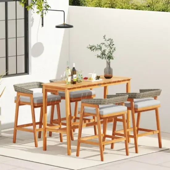 Costway 5 PCS Patio Counter Height Bar Set with 4 Cushioned Barstools Curved Rattan Back image {8}