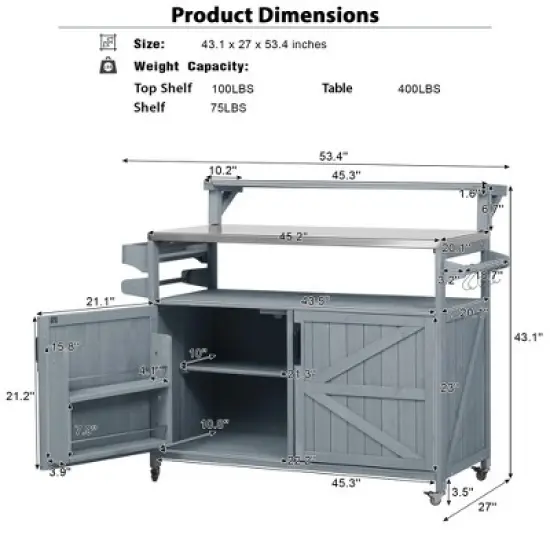 Whisen Outdoor Solid Wood Kitchen Island with Raised Shelf, Storage Cabinet with Stainless Steel Top, Internal Storage Rack image {13}