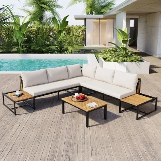 Outdoor 4-Piece Sofa Set, Sofa Set with Side Table and Coffee Table, Sofa with Iron Frame and Polyester Cushions-Coolbibila image {7}