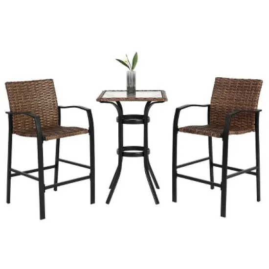 ELJGET 3 Piece Outdoor Bar Stools Set, Outdoor Wicker Patio Bar Height Stools Set with Glass Table Top for Garden, Deck, Balcony, Brown image {2}
