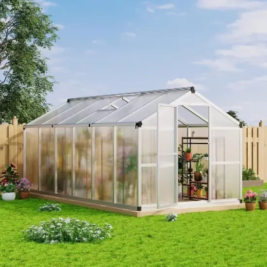 Walk-in Polycarbonate Greenhouse with Adjustable Roof Vent & Lockable Door - Sturdy Aluminum Frame for Outdoor Garden Protection image {7}