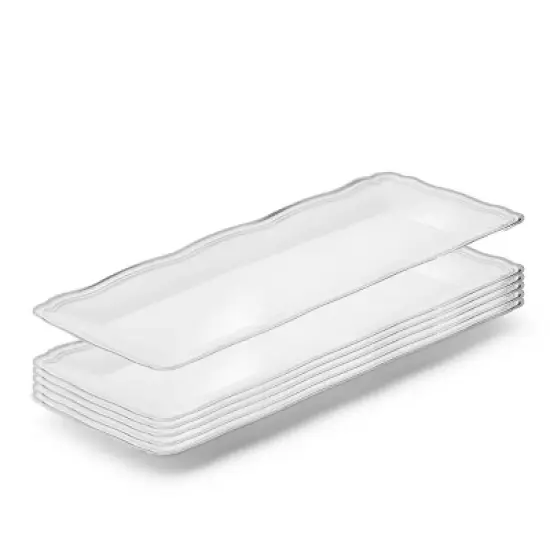 Posh Setting 13.75 X 6 Inch Rectangle White and Silver Rim Plastic Serving Tray - 6 Pack image {6}