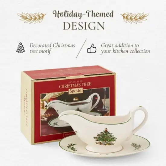 Portmeirion Christmas Tree 9 Oz Gravy Boat & Stand - Festive Porcelain Sauce Boat with Tray for Holiday Gatherings - Microwave, Dishwasher, Oven Safe image {2}