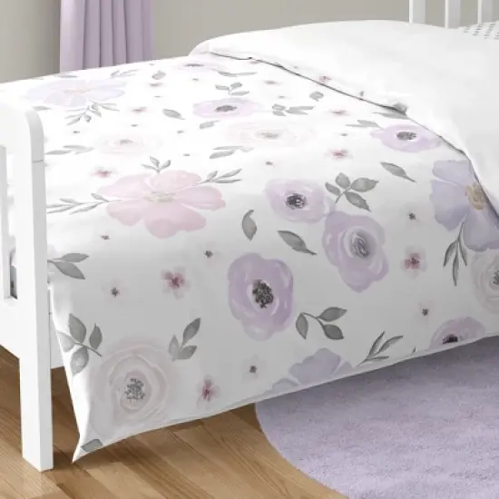 Sweet Jojo Designs Girl Toddler Bedding Set Watercolor Floral Purple Pink and Grey 5pc image {5}