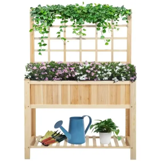 Outsunny 47'' Wooden Raised Garden Bed with Trellis, Coutryside Style Elevated Planter Stand with Open Storage Shelf for Vegetables, Herbs, Flowers image {3}
