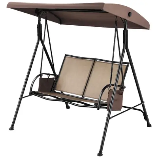 Costway 2 Seat Patio Porch Swing with Adjustable Canopy Storage Pockets  Brown image {1}
