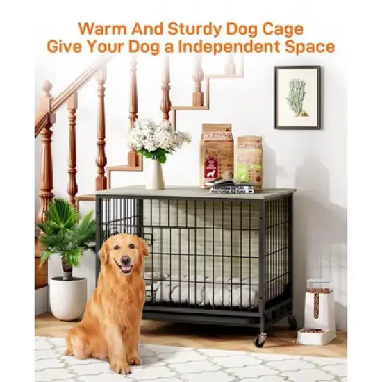 27.2" Dog Crate Furniture with Removable Tray and Wheels for Small Dogs, Wooden Dog Kennel Furniture with Double-Doors,Grey image {1}