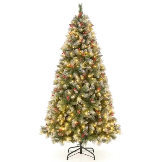 Costway 5FT/6.5FT/7.5FT Artificial Christmas Tree Hinged with 200/420/560/650 Warm LED Lights & 126/207/267/309 Red Berries image {11}