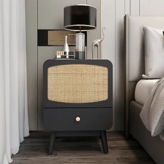 Alyson 22.13'' H x 15.75'' W x 15.75'' D Carry with 1 Rattan Doors and 1 Drawer Nightstand With Storage-The Pop Maison image {10}