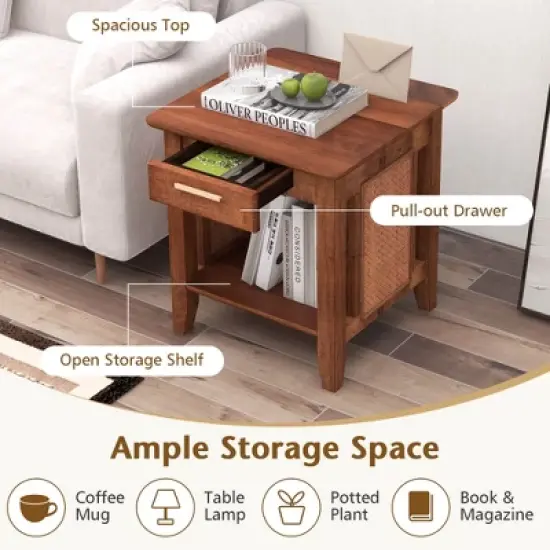 Tangkula 2PCS Boho Style Nightstand 3-Tier Sofa Side End Table w/ Drawer & Shelf Walnut image {3}
