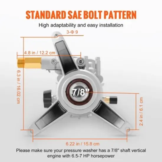 VEVOR Pressure Washer Pump, 7/8" Shaft Vertical, 3400 PSI, 2.5 GPM, Replacement Power Washer Pumps Kit, Parts Washer Pump, Silver image {3}