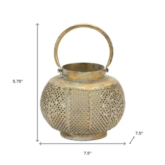 HomeRoots 6" Bronze And Green Distressed Lattice Metal Tabletop Lantern Candle Holder image {2}