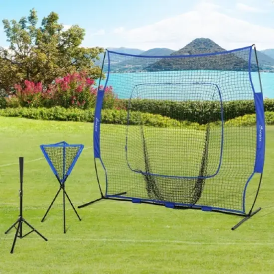 Soozier 7.5'x7' Baseball Practice Net Set w/ Catcher Net, Tee Stand for Pitching, Fielding, Practice Hitting, Batting, Backstop, Blue image {1}