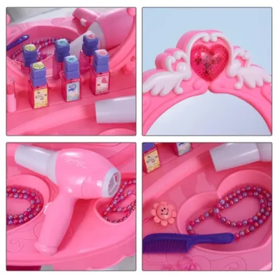 Qaba Children Dressing Table Set Girls Pretend Princess Vanity Table with Music Lightening Pink image {2}