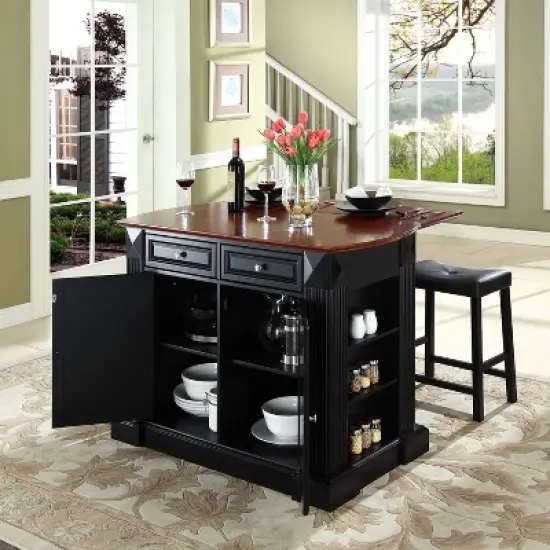 24" Coventry Upholstered Saddle Stools & Drop Leaf Breakfast Bar Black - Crosley image {5}