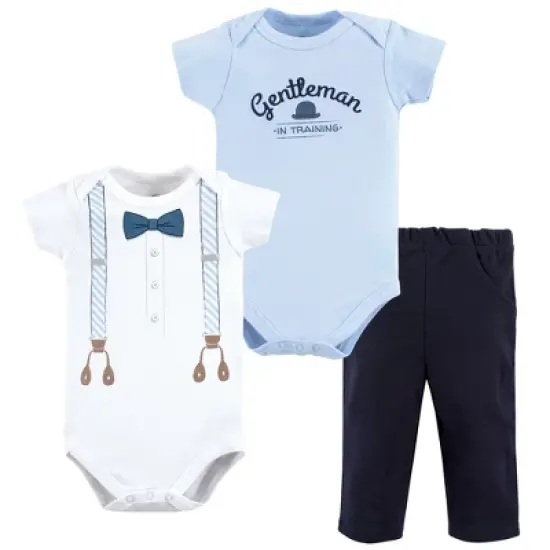 Little Treasure Baby Boy Cotton Bodysuit and Pant Set, Light Blue Suspenders image {2}