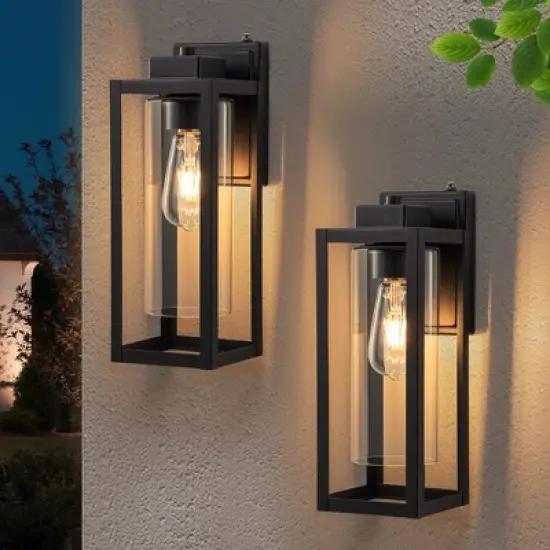 C Cattleya 14 in. 1-Light Matte Black Dusk to Dawn Outdoor Wall Lantern Sconce with Cylinder Clear Glass Shade (2-Pack) image {1}