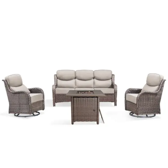 4 Piece Patio Furniture Set with Fire Pit Table, 2 x Swivel Rocker Chair, 1 x 3-Seat Sofa, 5 Seats Outdoor Conversation Set for Lawn Garden Backyard image {1}