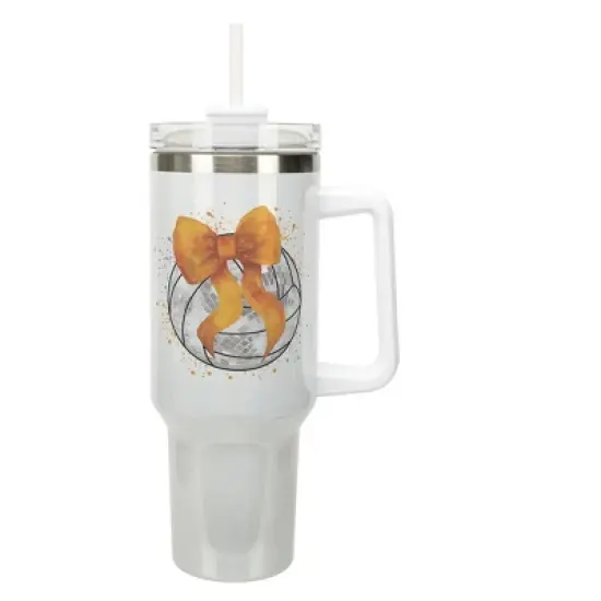 Elanze Designs 40 Ounce Stainless Steel Double Wall Insulated Glitter Travel Tumbler With Handle, Straw, and Lid, Volleyball With Orange Bow White image {1}