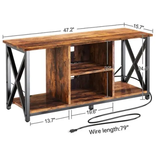 Fabato Wood TV Stand and Entertainment Center with Socket Plug-In Station, Height Adjustable Shelf, and Wire Threading Holes image {4}