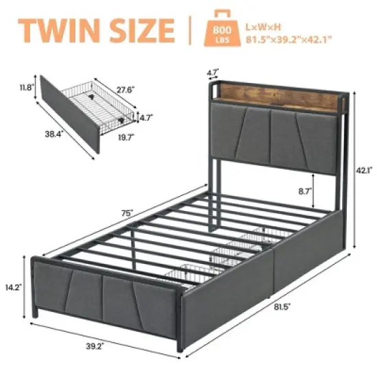 WhizMax Twin Size Bed Frame with 2 Storage Drawers and Charging Station, Rustic Linen Upholstered Platform Bedframe with Storage Headboard image {1}