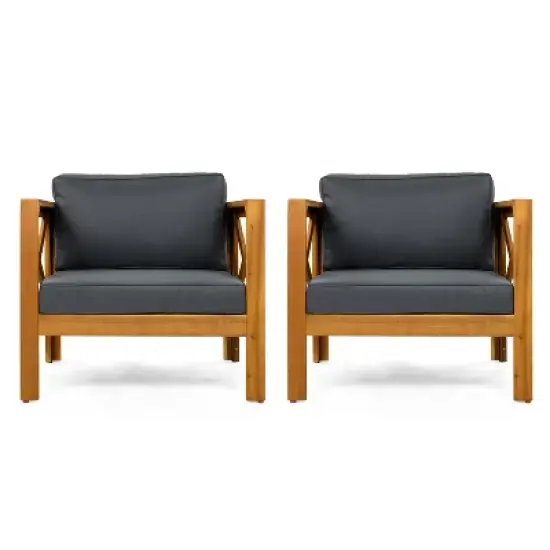 FIONECA Patio Conversation Set, 2 Acacia Wood Armchairs with Cushions & Foldable Side Table, Teak Finish, Dark Grey image {8}