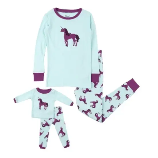 Leveret Girl and Doll Matching Cotton Unicorn Pajamas image {6}