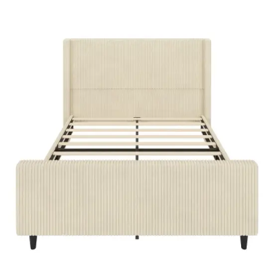 Queen/KIng Size Upholstered Platform Bed Frame with High Wingback Headboard&High Footboard, Corduroy, Cream/Taupe-ModernLuxe image {3}