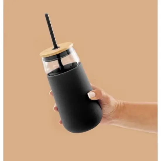 JoyJolt Glass Tumbler with 1 Straws & Non Slip Silicone Sleeve - 20 oz - Black image {6}