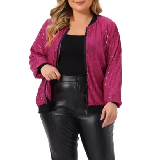 Agnes Orinda Women's Plus Size Party Metallic Sequin Sparkle Zip Bomber Jackets image {8}