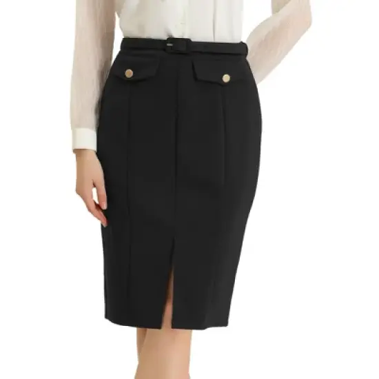 Allegra K Women's Belted Split Hem Knee Length Work Business Pencil Skirt image {5}