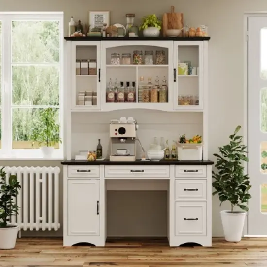 Famapy White Kitchen Hutch Kitchen Cabinet Pantry: Integrated Worktop, High Cabinet Combo, Dust - Proof & Organized image {14}
