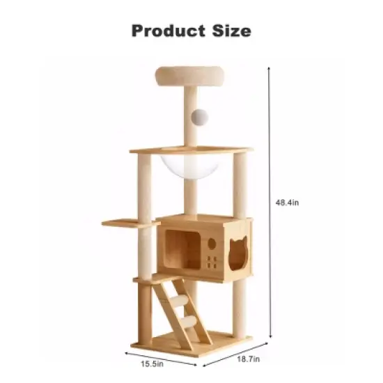 FURNIinspire Pet Tower Modern Cat Tower Cat Tree Indoor Kitty Playhouse, Cat Condo Hammock, Scratching Posts, Pet Furniture, Brown, 15.5"*18.7"*48.4" image {2}