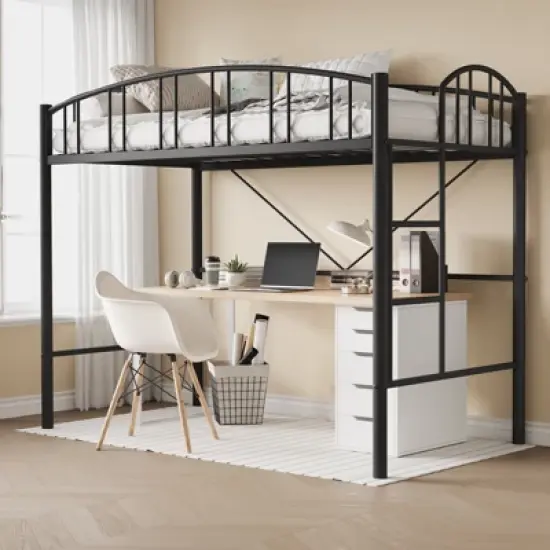 Garvee Loft Bed Twin Size, Heavy Duty Metal Loft Bed Frame with Arched Guardrail and Safety Ladder, Space-Saving, No Box Spring Needed, Black image {9}
