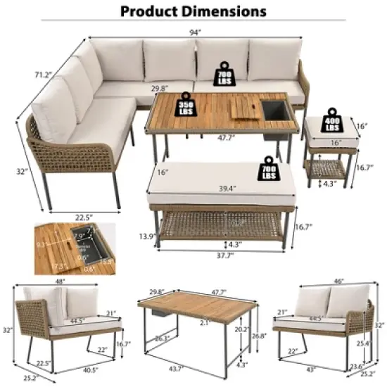 KTMBDW 6-Piece Rope Patio Furniture L-Shaped Set, Outdoor Sectional Sofa Set with Acacia Wood Table with Ice Box, Rope Benches for Garden, Porch, Deck image {8}