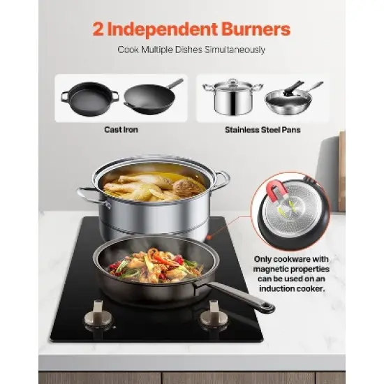 VEVOR Induction Cooktop, 3500W Electric Countertop Burner, 2 Burner Knob Control Stove, Built-in Induction Cooktop, Black image {2}
