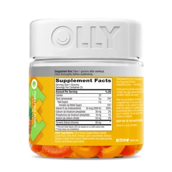 OLLY Post-Game Recover Gluten Free Gummies with Vitamin D, Turmeric & Electrolyte Dietary Supplements - Pineapple Flavor - 25ct image {2}
