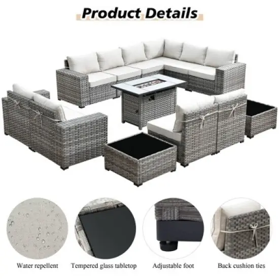 Marlton 13pc Wicker Outdoor Patio Furniture Set Conversation Sofa Set with a Rectangle Fire Pit and Cushions image {10}