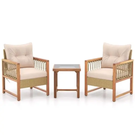 Costway 3 PCS Patio Furniture Set Outdoor PE Wicker Conversation Bistro Set image {9}