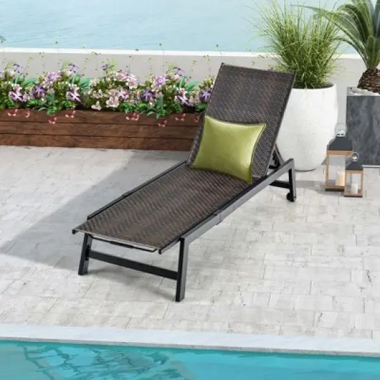 Costway Patio Galvanized Steel Chaise Lounge with Wheels Outdoor PE Rattan Recliner Chair image {8}