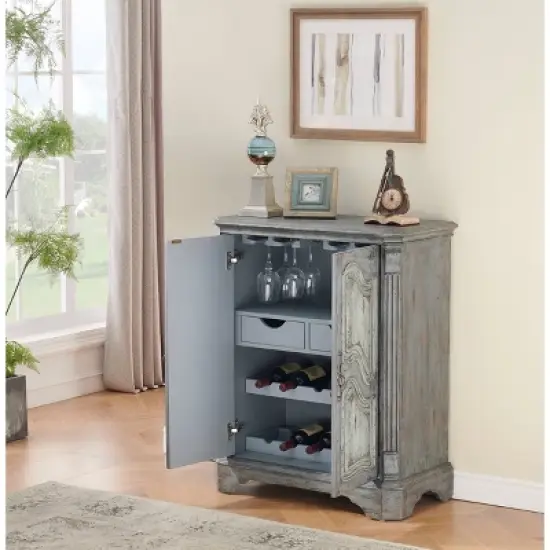 Operose Ville 2 Door Wine Cabinet with White Door Insets Distressed Gray Blue - Treasure Trove Accents image {6}