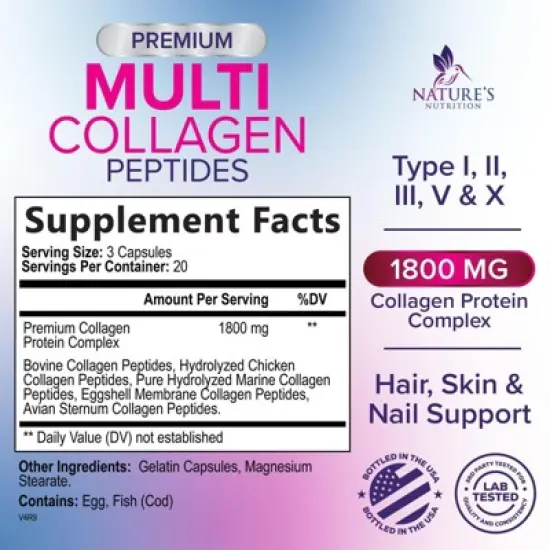 Multi Collagen Supplement, Type I, II, III, V, X Collagen Pills, Collagen Supplements, Hair, Skin, Nail & Joint - 60 Capsules By Nature's Nutrition image {1}
