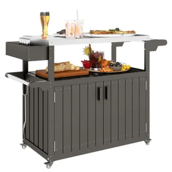 Outsunny Outdoor Bar Cart with Storage, Stainless Steel Top, HDPE Outdoor Kitchen Cart on Wheels, Outdoor Bar Table Beverage Food Prep Station image {8}
