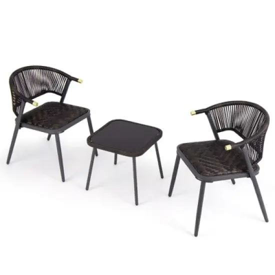 Tangkula Set of 3 Rattan Furniture Set Quick Dry Foam Padded Chairs w/Tempered Glass Tabletop Wicker Seat & Rope Woven Back Black image {3}